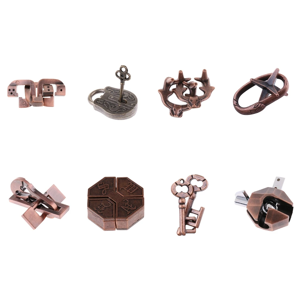 8x Vintage Lock Puzzles Brain Teaser Kids Mind Game Toy IQ Test Magic Trick