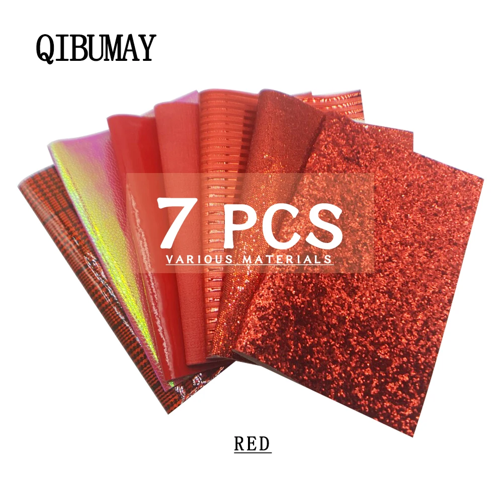 

QIBU 7pcs Wholesale Faux Leather Fabric Red Chunky Glitter Multi Materials DIY Bags Shoes Accessories PU leather Bow Fabric