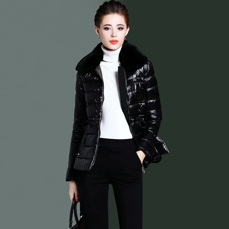 Kopen 90% Witte Eend Donsjack Korte Jas 2019 Vrouwelijke Slanke Down Jassen Vrouwen Grote Echte Rex Konijn Bontkraag Sneeuw uitloper Waterdicht