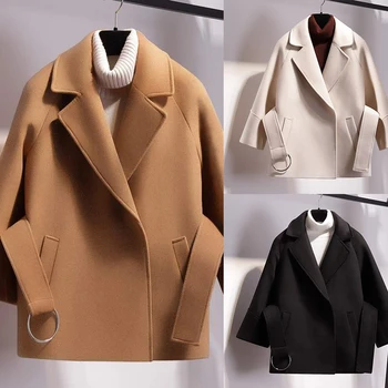 

Women Short Woolen Coat Belt Jacket Autumn And Winter Clothes Keep Warm 3 Colors