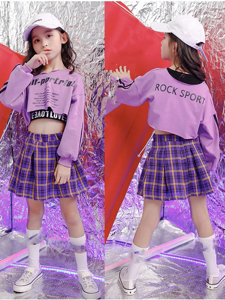 Детские спортивные костюмы; хлопковая одежда в Корейском стиле; модная уличная одежда в стиле хип-хоп; фиолетовые толстовки с капюшоном для девочек-подростков; свитер+ клетчатая юбка