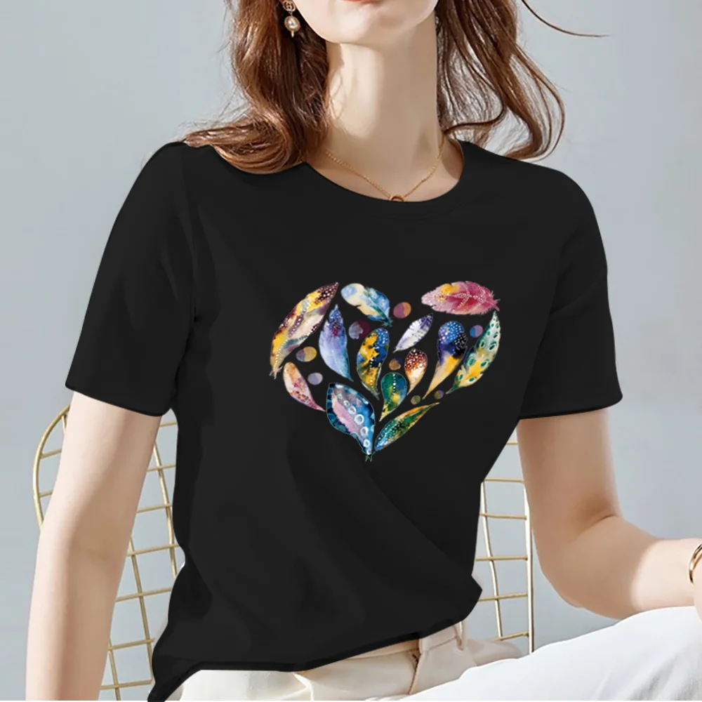 Women Tops Tee Black All-match Casual Ladies T-Shirts O Neck Love Heart Pattern Print Commuter Short Sleeve Women's Clothing friends t shirt