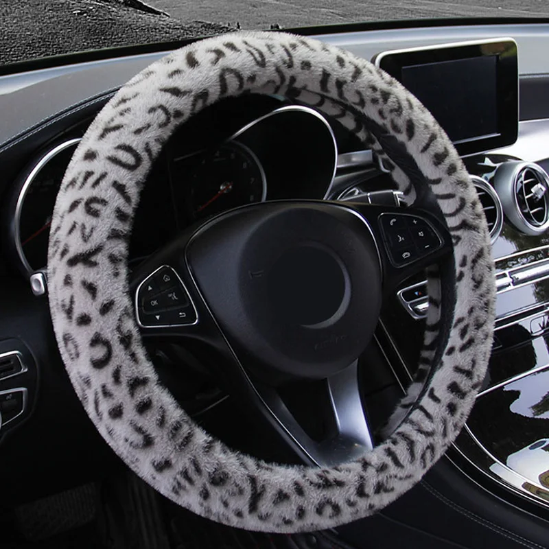 

15/38cm Car Steering Wheel Cover Protector Plush Leopard Print Anti-slip Black