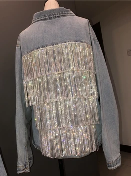 

High-Density Chain Tassel Rhinestone Denim Jacket Woman Spring 2020 Autumn Diamond Jean Jackets Ladies Streetwear Students Coat