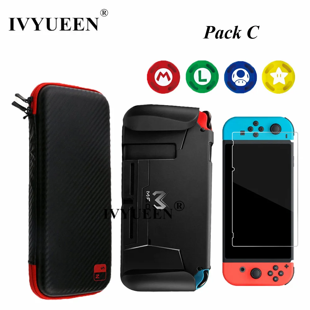 

IVYUEEN 7 in 1 for NintendoSwitch NS Console Travel Carrying Bag & Tempered Glass Film & Hard Case Shell Analog Thumb Grip Cap