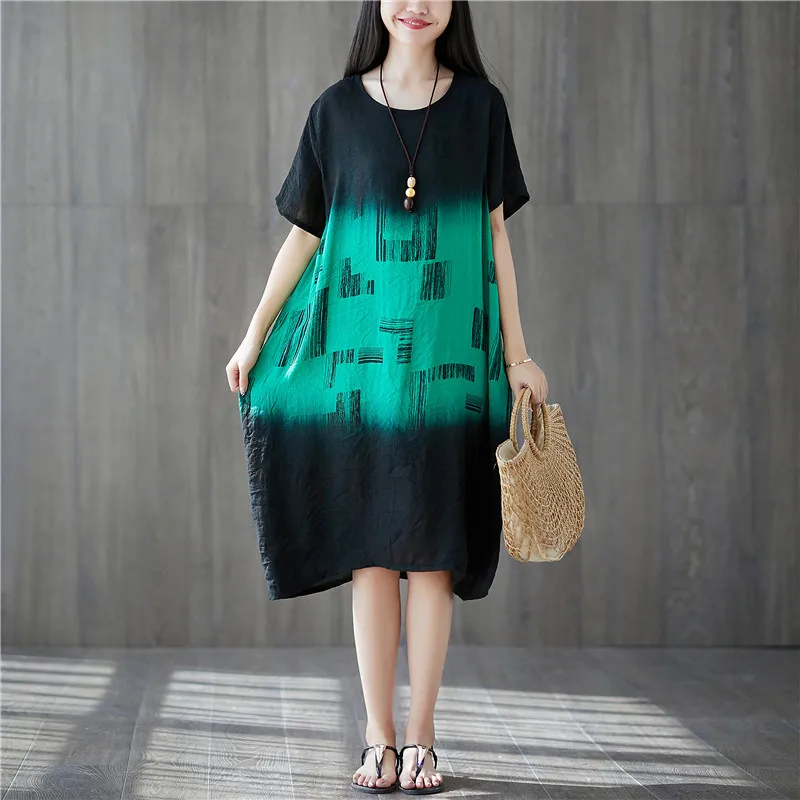 

Photo Shoot Summer Literature And Art Mid-length Large Size Cotton Linen Short Sleeve Fashion Simple Contrast Color Gradient Col