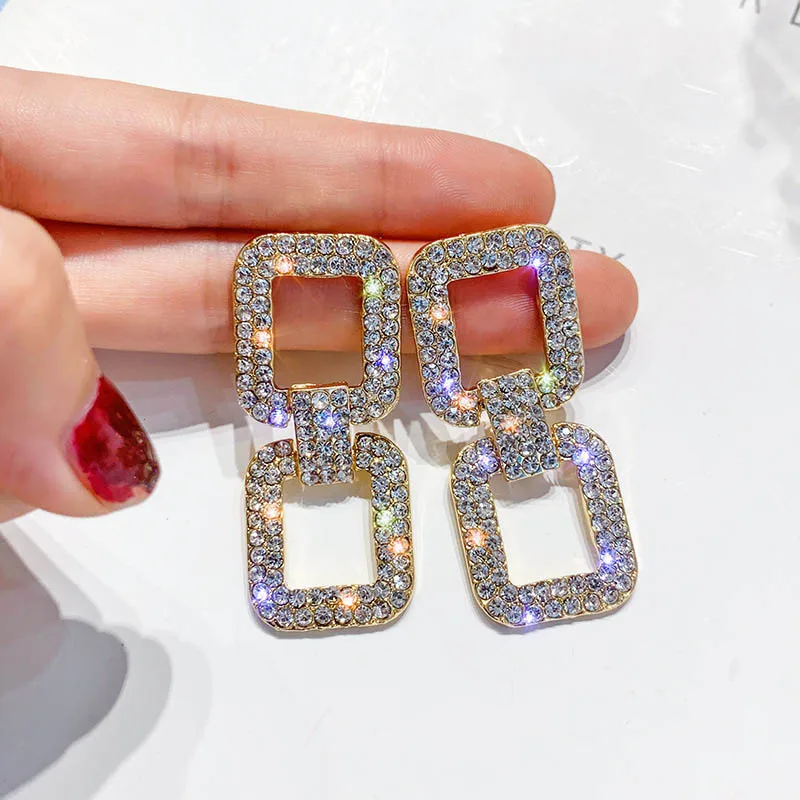 

New hot fashion brand jewery Exaggerated geometric rectangle with crystal earrings for women shiny side style earring for gift