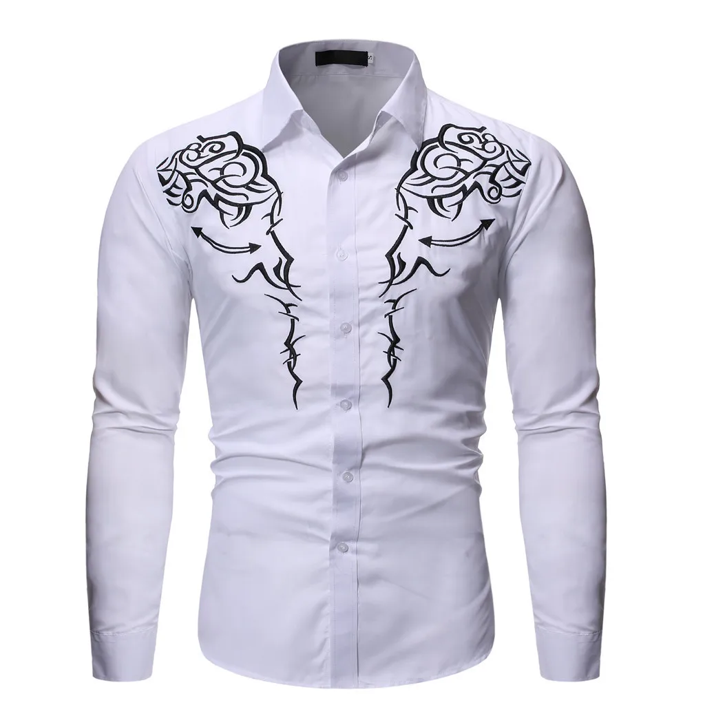 Мужская модная рубашка с длинными рукавами и красивой вышивкой, деловая Повседневная рубашка, топ, блуза, роскошные мужские рубашки с длинным рукавом и принтом - Цвет: Белый