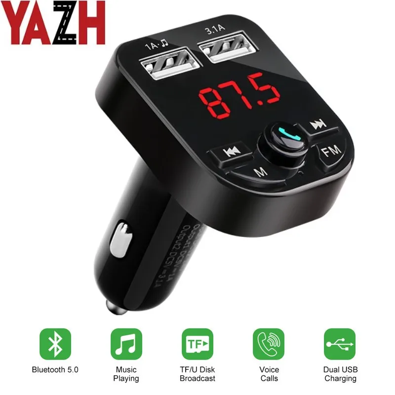 

YAZH 3.1A Fast Car Charger Fm Transmitter Bluetooth Dual USB Mobile Car Phone Charger Fast Charging MP3 TF Card Music Car Kit