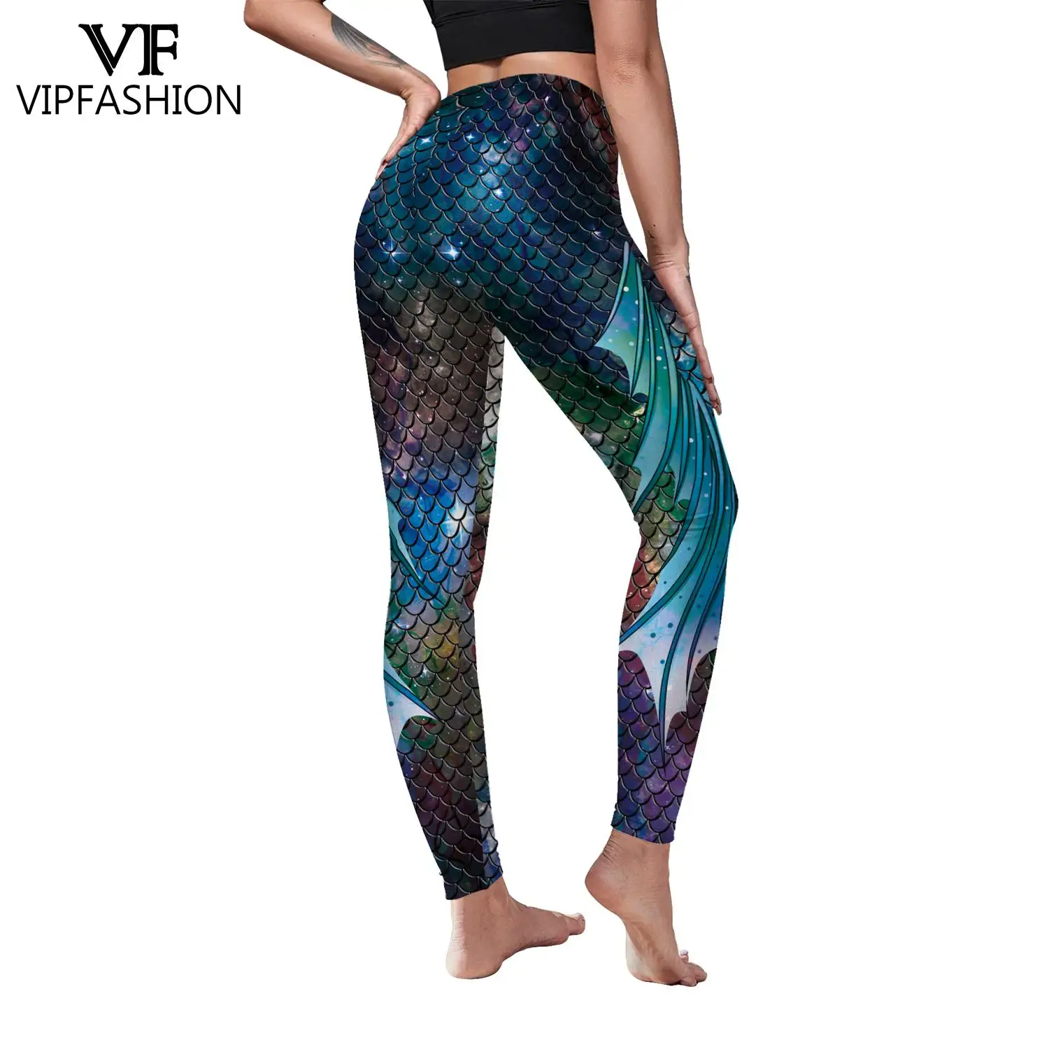 VIP FASHION Leggings for Women Fitness Sport Mermaid with Printed Fish Scales Shiny Leggings Workout Elasticity Lggins images - 6