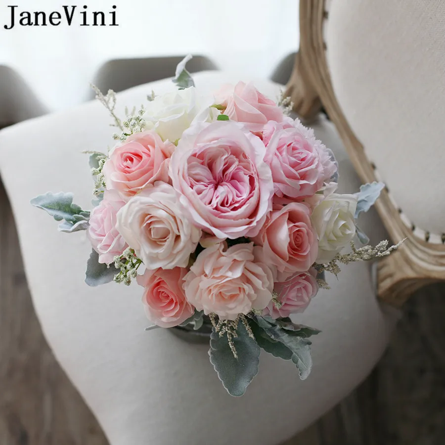 JaneVini Cream Pink Rose Peony Wedding Bouquet Artificial Flowers Champagne Bridal Hand Flower Fleur Artificielle Decoration