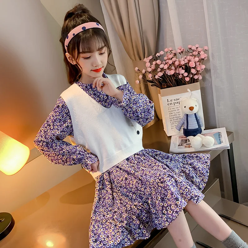 Girls Clothing Sets Back To School Sweater Suits Knit Vest+Floral Dress 2Pcs Costume Children 4 7 8 9 10 12 Years | Детская одежда и