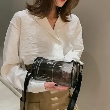 

Casual Transparent Handbags Unisex Zipper PVC Cylinder Simple Small Shoulder Bags Letter Printing Crossbody Messenger Bags
