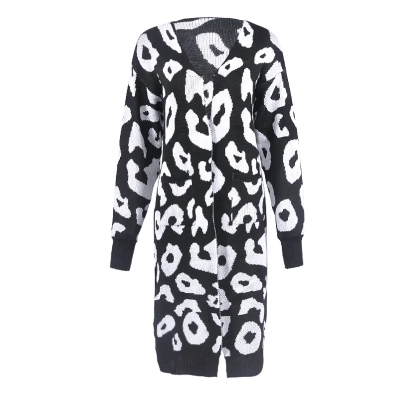 Women Long Knitted Sweater Leopard Print Long Sleeve Pocket Knitwear Outerwear Female Autumn Jumpers Tunics Long Cardigan