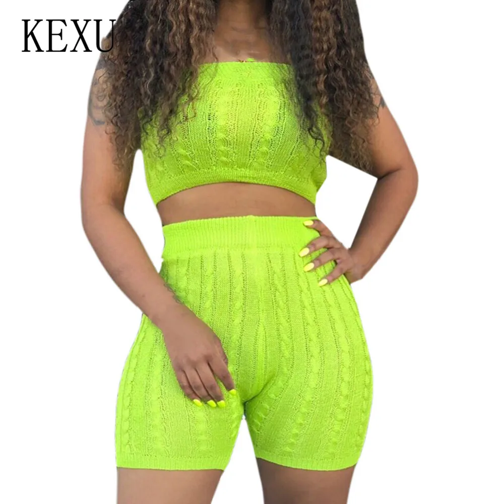 

KEXU Sexy Off Shoulder Knitted Sexy Short Jumpsuits Women 2 Pieces Sets Summer Rompers Femme Bodycon Elegant Jumpsuits Overalls