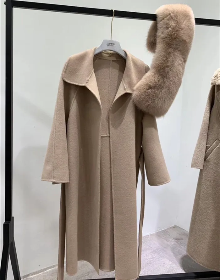 Зимние шерстяные пальто для женщин натуральный Лисий мех воротник двухстороннее шерстяное пальто Женская куртка