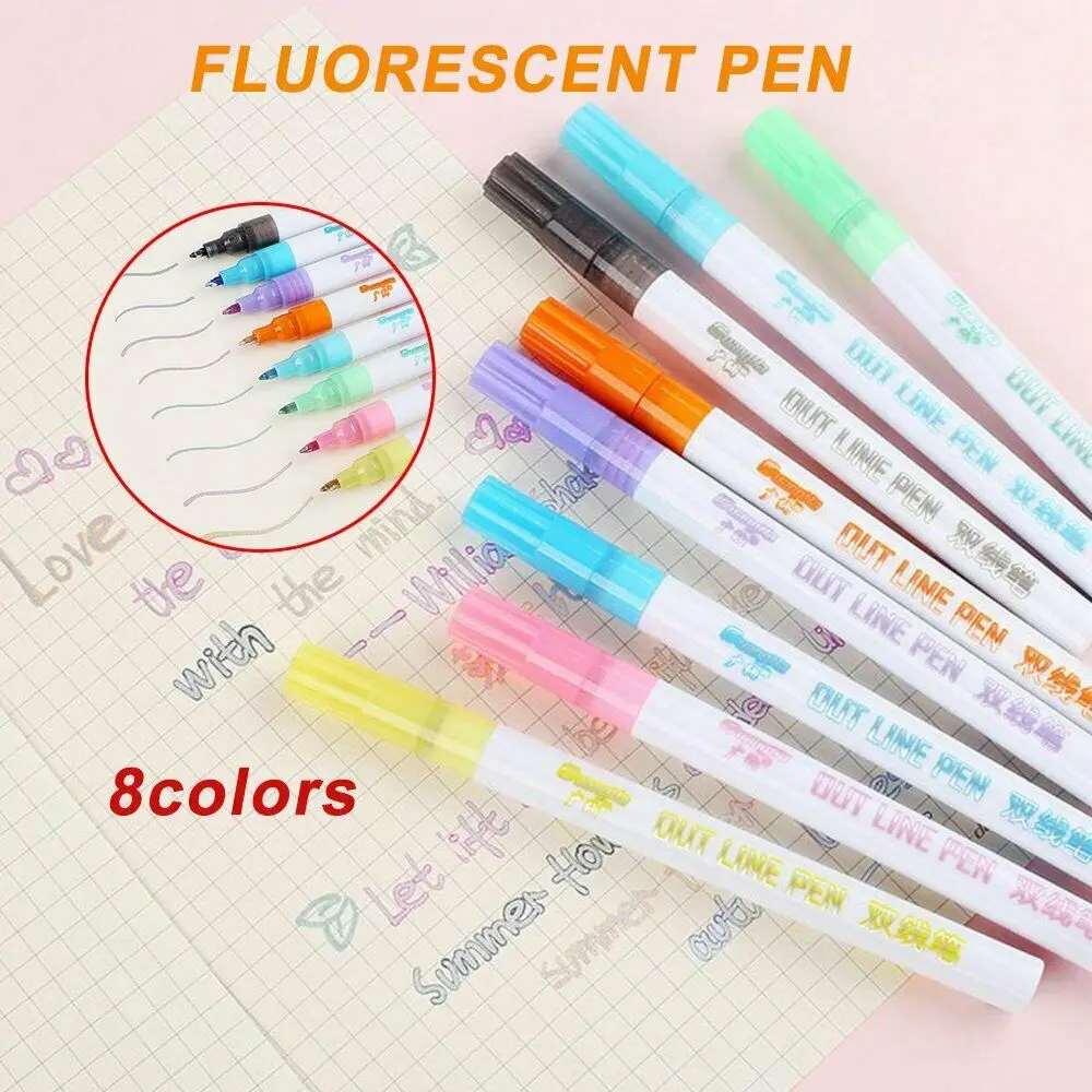 

8 Color Card Writing Drawing Double Line Outline Pen Highlighter Marker Pen