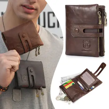 

BULLCAPTAIN Men Business Bifold RFID Clutch Leather Coin Purse Card Holder Short Wallet Zipper Pocket Photo Card Change Position