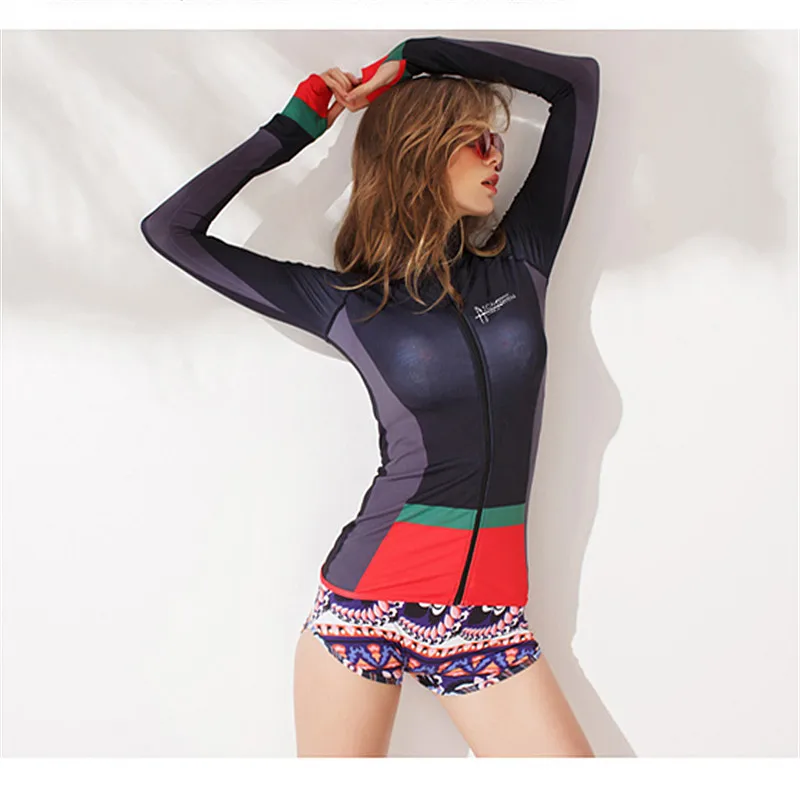 

Swimwear Women Long Sleeve Zipper Rashguard Swimsuit Surfing Top Rash Guard Diving Suit Push Up + Running Biking Shirt Tankini