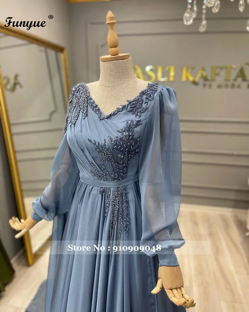 Dusty Blue Long Sleeve Muslim Evening Gowns 2021 New Beaded Lace A Line Pleats Chiffon Elegant Arabic Women Formal Party Dress 6