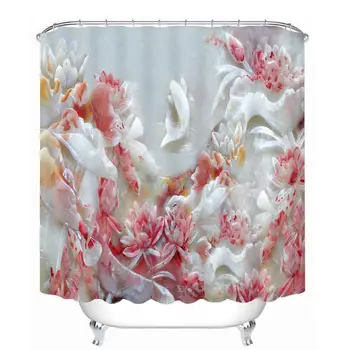 

3D Curtains Waterproof Washable Bath Curtain Customizable Shower Curtains Pink Rose and Swan Lovers Pattern Bathroom
