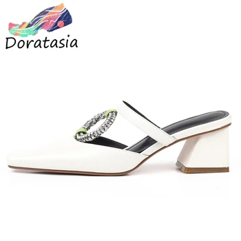 

DORATASIA Solid Classic Girl Square Toe High Heel Slip On Pumps Mules Women Buckle Brand Genuine Leather Casual Shoes Woman