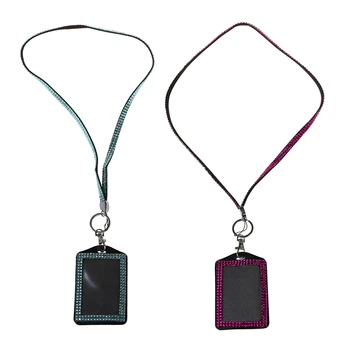 

2x Rhinestone Bling Crystal Custom Lanyard Vertical ID Badge Holder (Light Blue&Rose Purple)