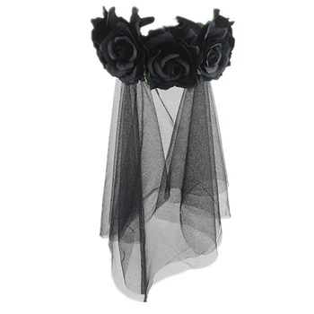 

Halloween Headwear Black Rose Flower Hairband Bride Veil Fancy Dress Costume Party Hair Hoop Gothic Cosplay Hair Accessories