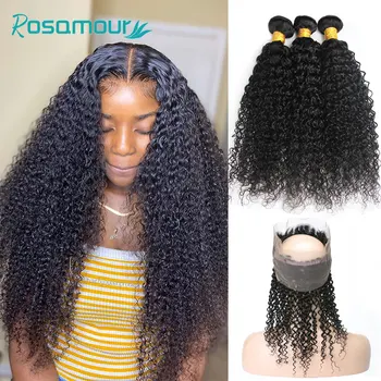 

Rosamour HAIR Kinky Curly Bundles with 360 Closure Brazilian Hair Bundles with Closure Remy 100% Human Hair Bundles with Frontal