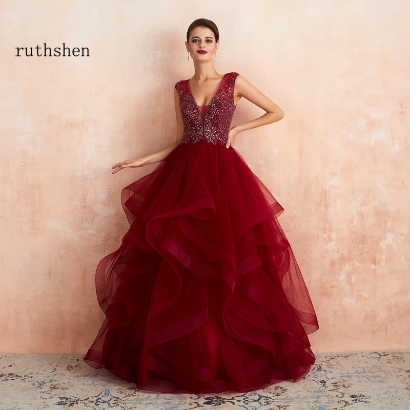 

Evening Dresses Long Red Carpet Evening Gowns For Women Beaded Ruffles Burgundy Abendkleider Formal Pageant Party Robe Soiree
