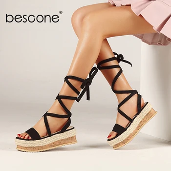 

BESCONE Fashion Women' s Sandals Ankle Strap Narrow Band Flat Platform High Quality Elegant Handmade Shoes Mature Sandals BM431