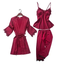 Сексуальный женский халат, пижама, 3 шт., ремень, топ, брюки, костюм, одежда для сна, Женская домашняя одежда, ночная рубашка, наборы, женское кимоно, банное платье, ночная рубашка