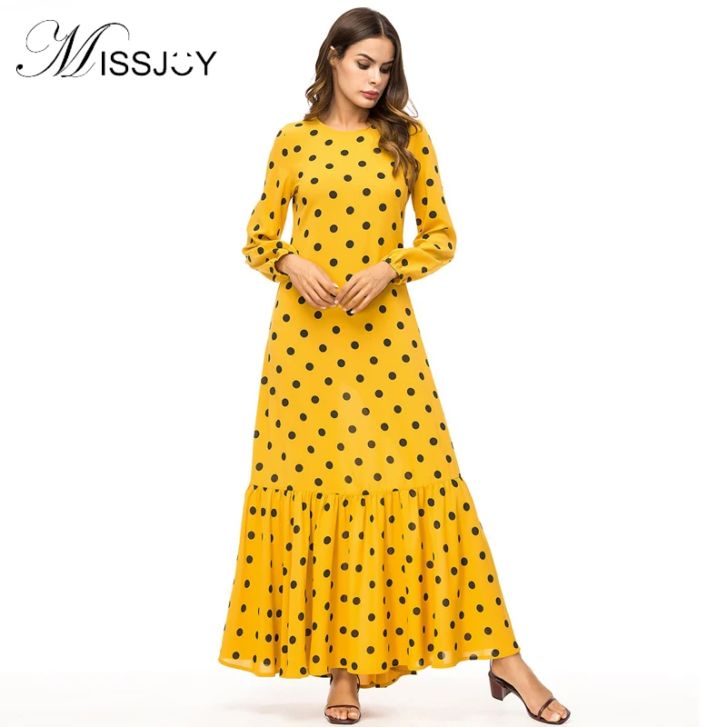 

New Women Ruffles Yellow dresses Plus Size 4XL long Sleeve Polka Dot PrintedAbaya Muslim Turkish Mermaid Long Maxi dress