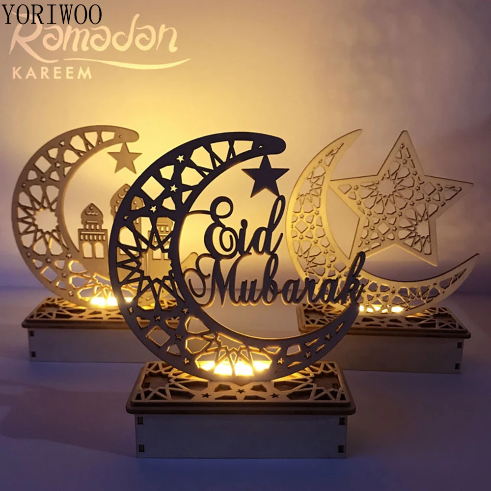 

YORIWOO Eid Mubarak Kareem Wooden Plaque Ramadan Decoration For Home Moon LED Candles Light Islam Muslim Pendant Party Favors