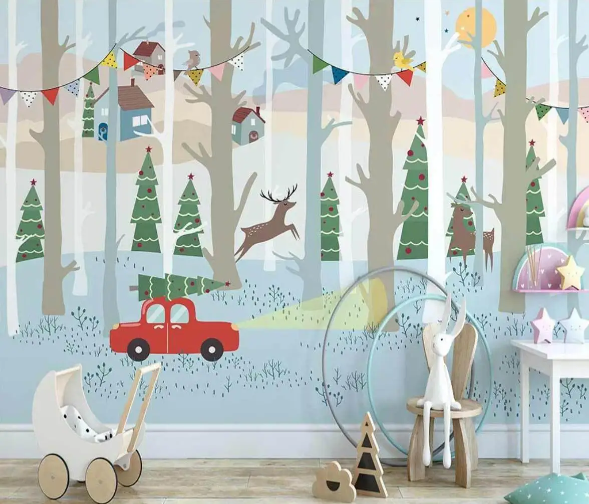 Custom wallpaper cartoon forest deer animal children's room background wall painting home decoration living room 3d wallpaper blue gecko wall hanging animal wall art ящерица крытый открытый декор спальня гостиная декор