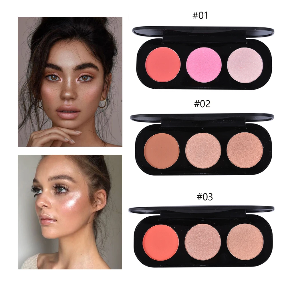 

3-color Face Blush Powder Palette Bronzer Highlighter Cheek Blusher Contouring Makeup Lasting Waterproof Facial Blush Powder