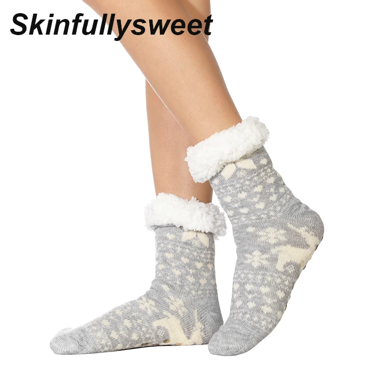 

Skinfullysweet Women Slip Home Floor Socks Autumn And Winter Thick Plush Knit Cotton Socks Warm Reindeer Knit Socks Unisex