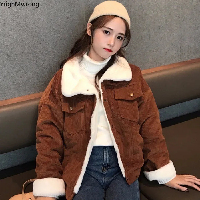 

Solid Pink Brown Women Warm Thick Winter Lambswool Faux Rabbit Fur Fleece Plush Parkas Coat Loose Corduroy Chaqueta Plus Size