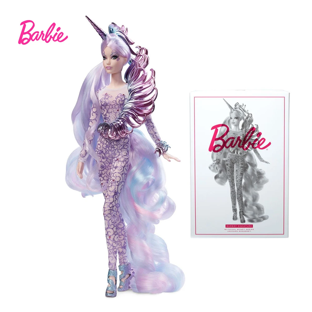 

Barbie Greek Mythical Muse Unicorn Goddess Doll with Unicorn Headdress and Colored Hair Collectible Barbie Doll Toy FJH82