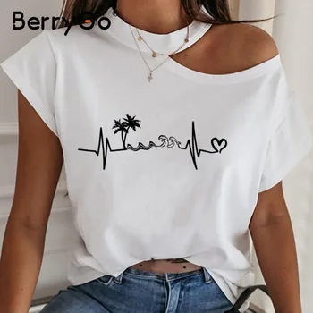 

BerryGo Casual short sleeve women white t-shirt Sexy strapless irregular t shirt Spring summer slim ladies halter shirt top tee