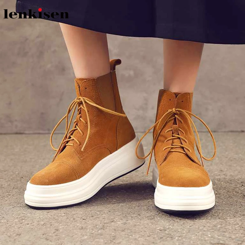 

Lenkisen thick bottom cow suede leather round toe high heels platform lace up daily wear winter keep warm women ankle boots L2f3