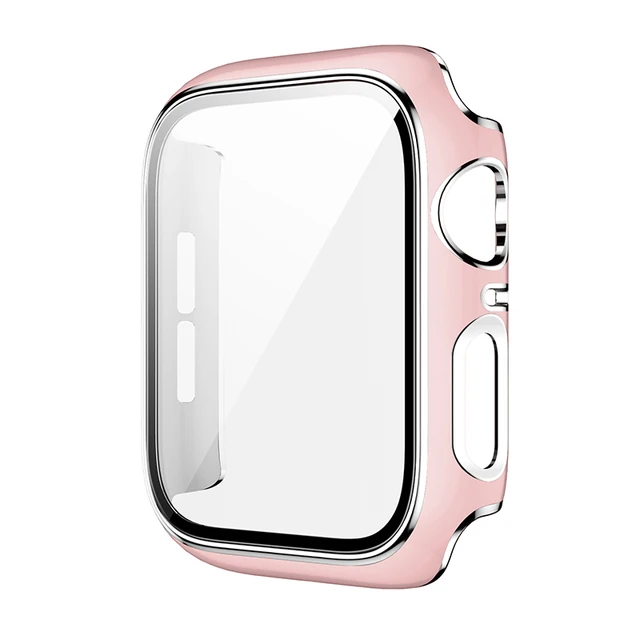 360 Full Screen Protector Bumper Frame Matte Hard Case For Apple Watch 38/40/42/44mm Cover Tempered Glass Film IWatch 6/SE/5/4/3 pink silver