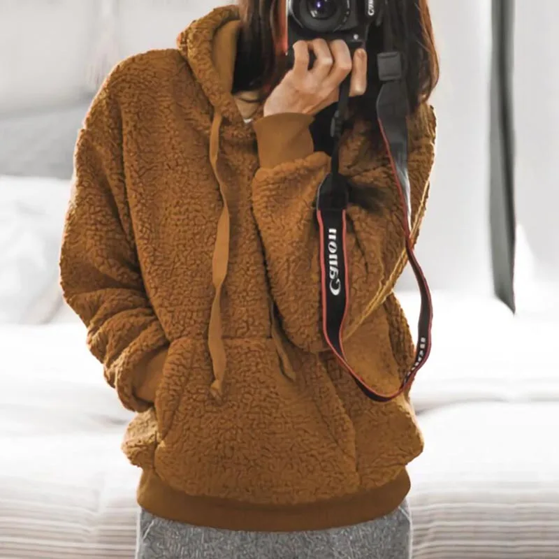 

Hitmebox 2019 Autumn Winter Ladies Warm Fuzzy Hooded Coat Faux Fur Puffy Drawstring Fleece Hoodies Sweater Sherpa Outwear Pocket