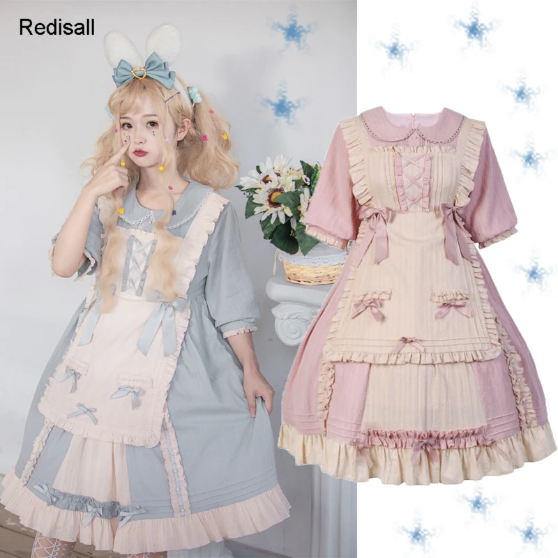 

Creamy Blue Pink Lolita Dress Round Collar Cute Sweet Bowtie Girls Women High Waist Dress Dress 8014