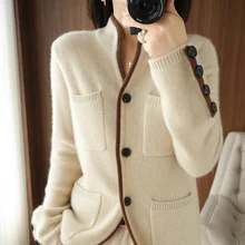

FOR 100% Cashmere / Wool Sweater Autumn/Winter 2021 Women's Stand-up Collar Cardigan Casual Knit Tops Korean Plus Size Female