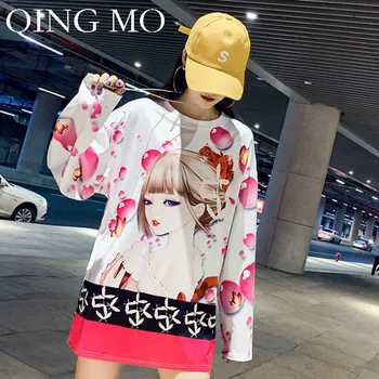 

QING MO Beauty Printed Women Tshirt Cotton Women Lovely Style Full Sleeve Top Women Plus Size Looose Tshirt 2020 ZQY1596