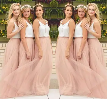 

Bridesmaid Dresses Long Floor Length Two Piece Tulle Cheap Formal Porm Party Gown For Women Wedding Big Size