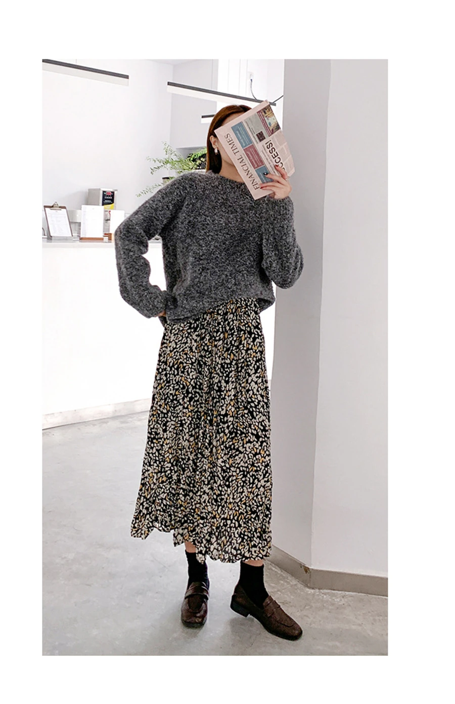 Elegant All-match Floral Print Midi Skirt Women Chiffon Skirt Autumn Winter Women Sexy Elastic High Waist Long Skirt Female