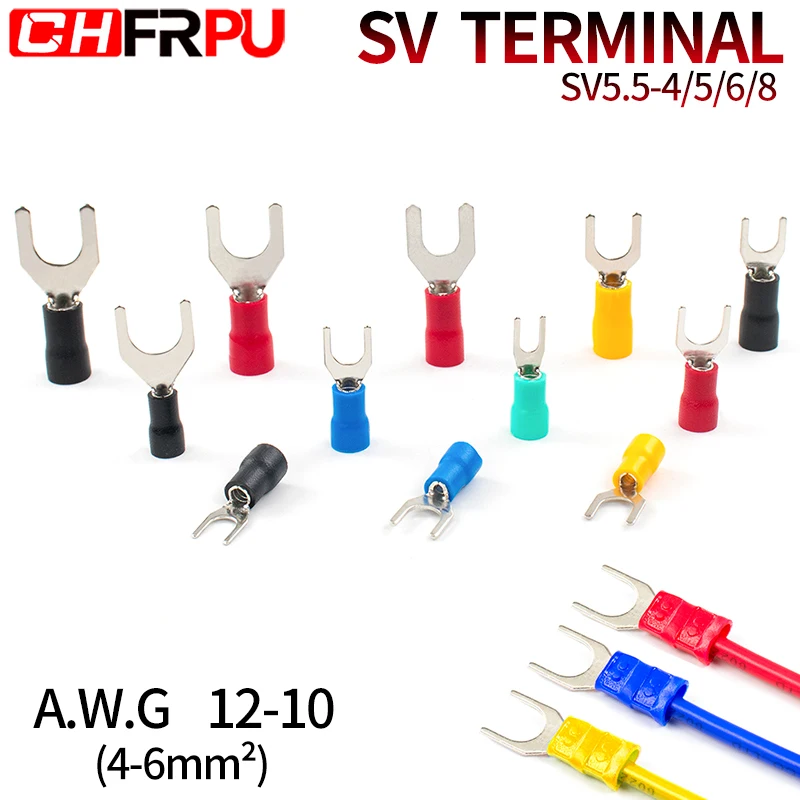 

100Pcs SV Series Fork Insulated Electrical A.W.G 12-10 Spade Terminals Crimp Wire Connectors