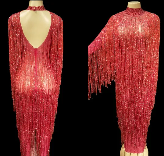 

Red Sequins Tassels Women Ankle Length Dress Party Prom Women's Performance Stage Costumes Female Singer Halter Slit Long Dress
